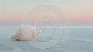 A shell on the beach at sunset with a pink sky, AI
