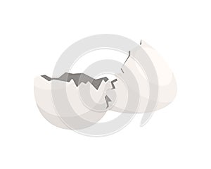 Shell from broken white egg, two empty eggshells after breaking