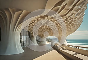 Shell and clamshell canopy with brackets and beautiful shape, modern building materials, unconventional shape, photo