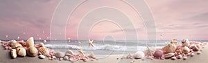 shell holiday ocean sand beach tropical sea nature summer banner. Generative AI.