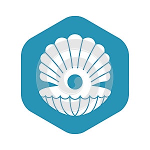 The shell icon with a pearl. Black silhouette of an open oyster with a round pearl on a blue hexagon.