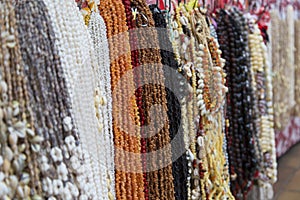 Shell necklaces in Marche de Pape'ete (Pape'ete Market), Pape'ete, Tahiti, French Polynesia