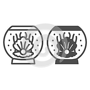 Shell with pearl in aquarium line and solid icon, interior design concept, fish tank decoration vector sign on white