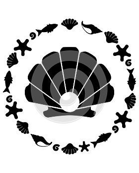 Shell scallop with pearl sea animal silhouette in a round frame - vector template for printing or cutting.