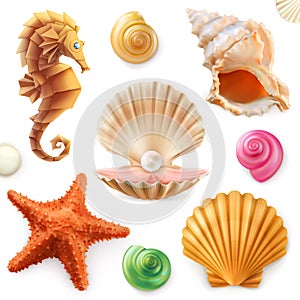 Shell, snail, mollusk, starfish, sea horse. 3d icon set photo