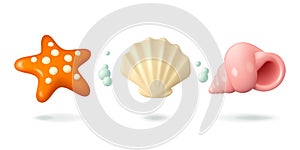 Shell and starfish vector 3d icon set