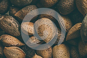 Shelled almonds as background. Close up view of shelled almonds texture and background for designers. Heap of almonds background.