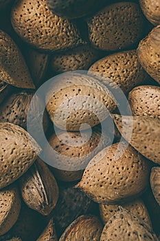 Shelled almonds as background. Close up view of shelled almonds texture and background for designers. Heap of almonds background.