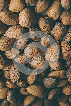 Shelled almonds nuts as background. Heap of almonds texture and background for design. Close up view of almonds in their shells.