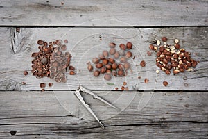 Shelled hazelnuts broken with pliers