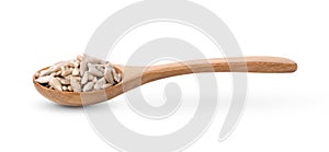 Shelled Sunflower Seeds in wood spoon on White Background