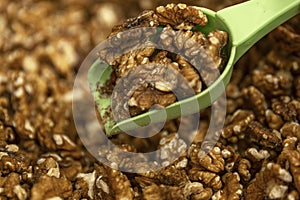 Shelled walnuts on the counter. Eco products and proper nutrition. Close-up