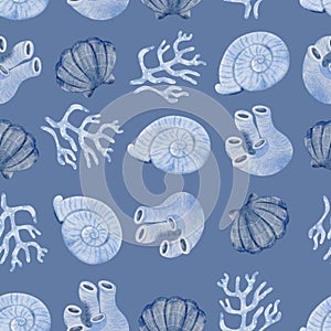 Shellfish and Coral Seamless Pattern on blue-gray background illustration