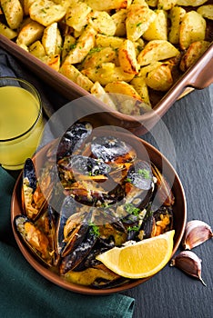 Shellfish mussels with celery, garlic and lemon. High view angle view