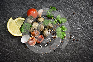 Shellfish Seafood Cockles fresh raw ocean gourmet dinner with herbs and spices