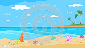 Shells on beach. Ocean landscape, travel or vacation banner. Illustration with sea, clouds and shell on sand, island