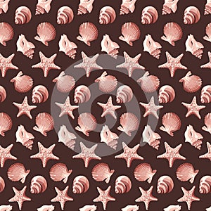 Shells, corals, starfish seamless pattern background