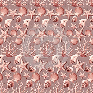 Shells, corals, starfish seamless pattern background