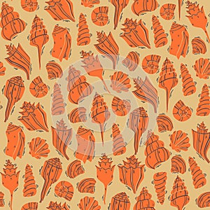 Hand Drawn Sea Pattern with Doodle Shells. Marine Vector Illustration