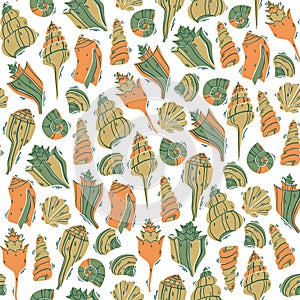 Shells Illustration Seamless Pattern in Doodle Style.