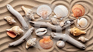 Shells Pectinidae conch shells Strombidae and a cowrie shell