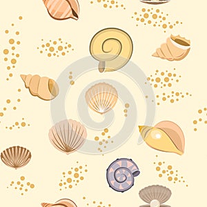 Shells on sand. Bottom of reservoir or beach. Sea ocean. Seamless. Illustration in cartoon style. Flat design. Vector