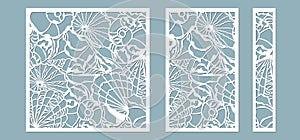 Shells of the sea in the frame. Laser cutting. Craft paper for decoration. Plotter, screen printing