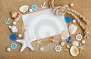Shells, seastars and blank postcard