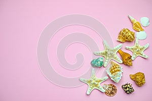 Shells and starfishes on pink background. Copy space for your text.Summer holiday concept