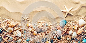 Shells and stars on sand beach. Beach vacation concept background with copy space for text. Created with generative Ai