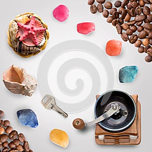 Shells, stones, key, coffee grains isolated on white with clipping path