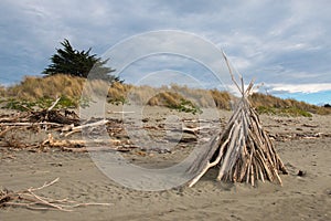 Shelter of branches on deserted beach