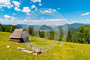 Shelter cabin hut with view to valley, Velka Fatra, Western Carpathians, Slovakia