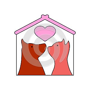 Shelter logo or vet clinic pet logo with dog and cat, heart and house. Pink vector clipart and drawing. Design template and icon.