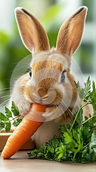 Shelter rabbit enjoys fresh carrot with its nose twitching in a cozy setting Generative AI photo