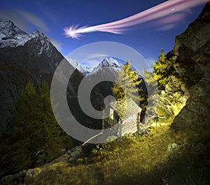 Shelter of tourists climbers in the Alps