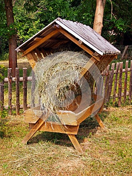 Sheltered wooden feeder fully filled with hay