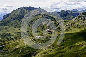 Shelters on Artavaggio upland aerial, Orobie, Italy