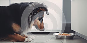 Sheltie Dog Adorably Gazes At Food Bowl