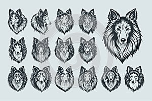 Sheltie dog face silhouette illustration design set