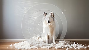 Sheltie dog jumping out of a pile of snow in the room