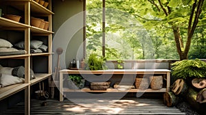 shelves blurred garden shed interior