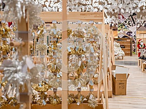 Shelves with Christmas and New Year goods in a department store. Tis season