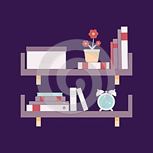 Shelves with colorful books, alarm, flower in flat design style