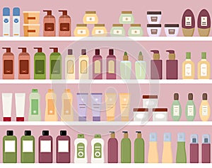 Shelves with colorful cosmetic products in plastic bottles.