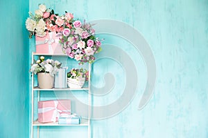 shelves with different colors on a blue background