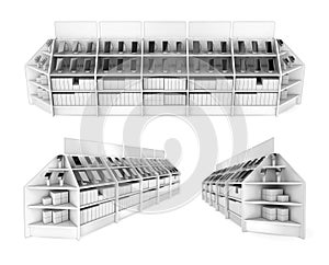 Shelves for electronics supermarkets with smartphones and smart watches.