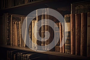 shelves filled with old books, including leather-bound classics and dusty tomes