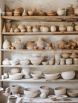 Shelves of Handcrafted Ceramic Pottery