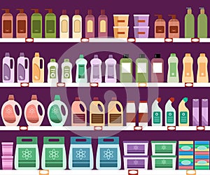 Shelves with household chemicals in the supermarket.